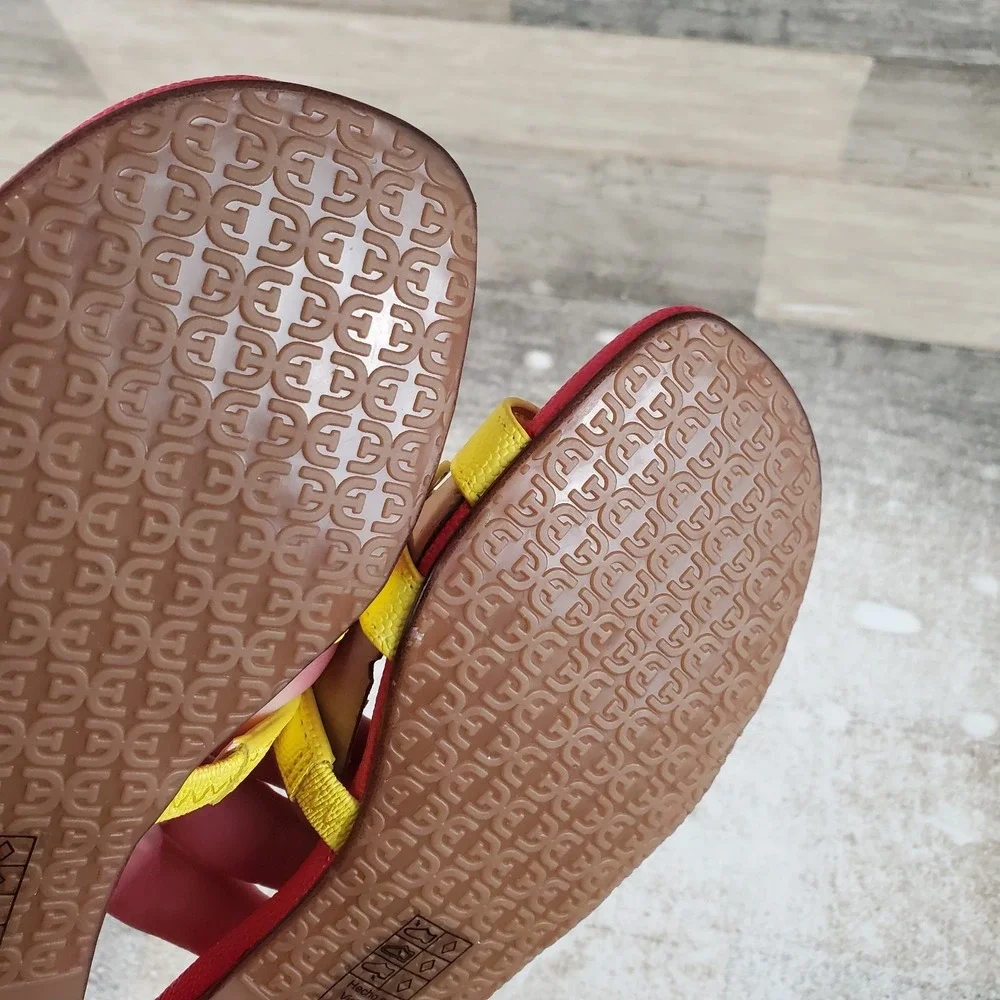 Sam Edelman Bay Kid Slide Sandal Sz 1 M Yellow Red Leather Slip On Open Toe Flat